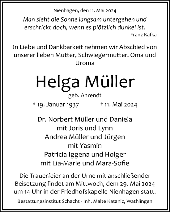 Traueranzeige von Helga Müller von Cellesche Zeitung