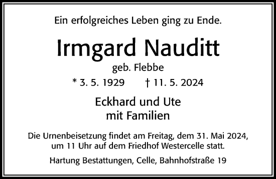 Traueranzeige von Irmgard Nauditt von Cellesche Zeitung
