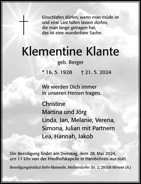 Traueranzeige von Klementine Klante von Cellesche Zeitung