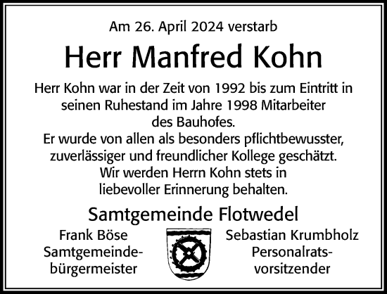 Traueranzeige von Manfred Kohn von Cellesche Zeitung