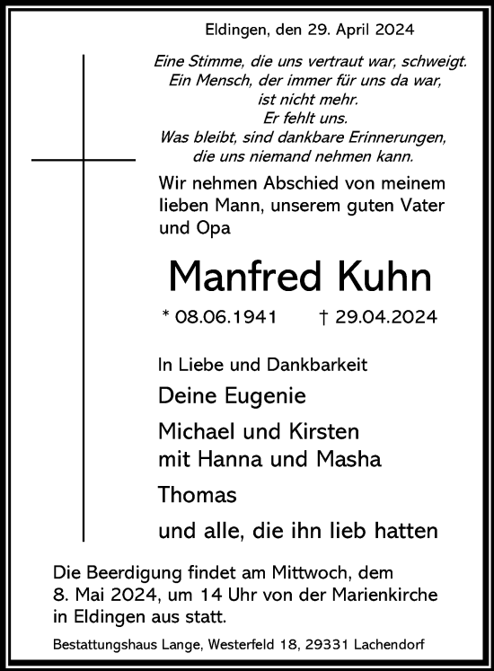Traueranzeige von Manfred Kuhn von Cellesche Zeitung