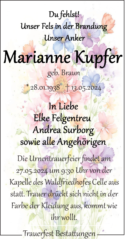  Traueranzeige für Marianne Kupfer vom 18.05.2024 aus Cellesche Zeitung