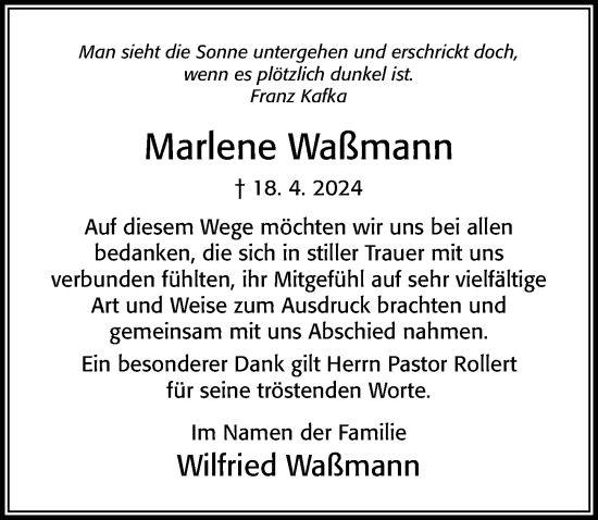 Traueranzeige von Marlene Waßmann von Cellesche Zeitung