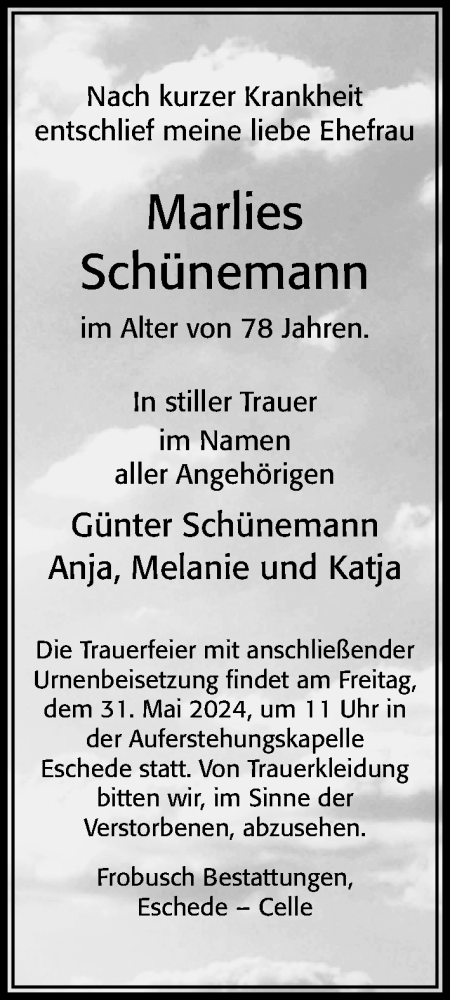 Traueranzeige von Marlies Schünemann von Cellesche Zeitung