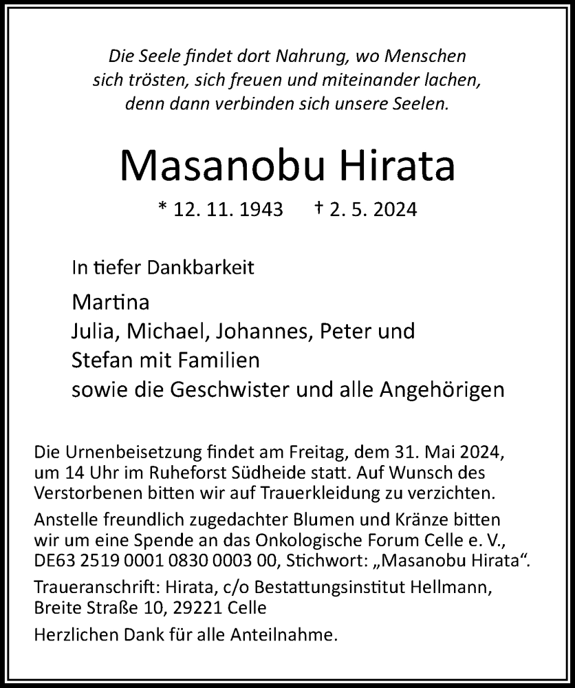  Traueranzeige für Masanobu Hirata vom 08.05.2024 aus Cellesche Zeitung