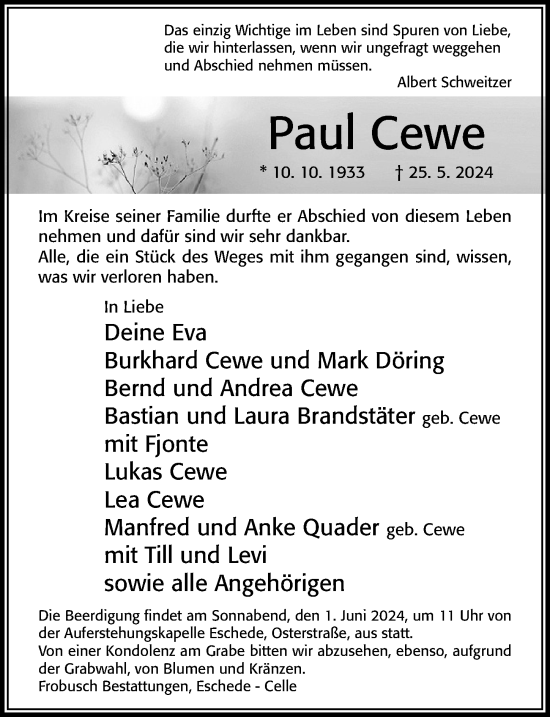 Traueranzeige von Paul Cewe von Cellesche Zeitung