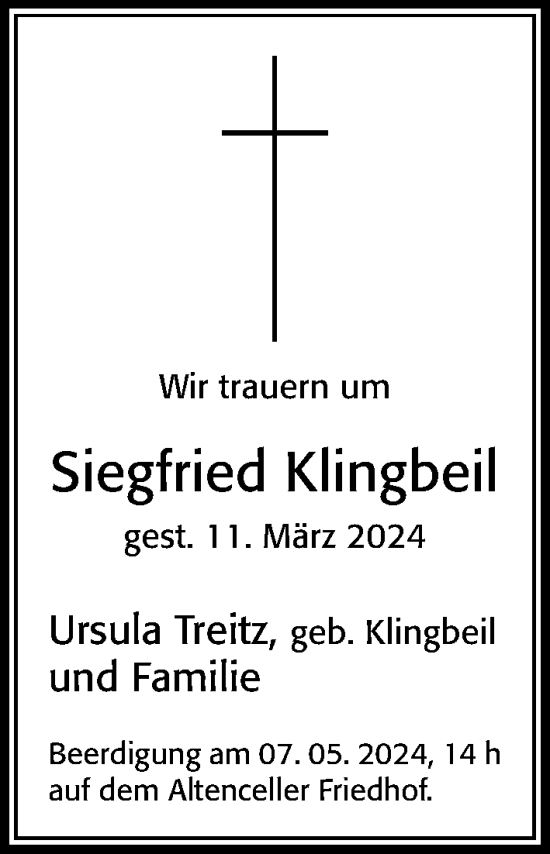 Traueranzeige von Siegfried Klingbeil von Cellesche Zeitung