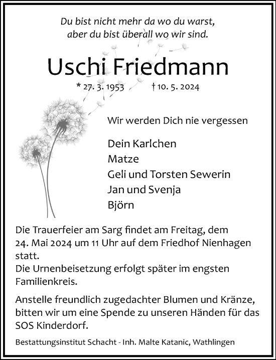 Traueranzeige von Uschi Friedmann von Cellesche Zeitung