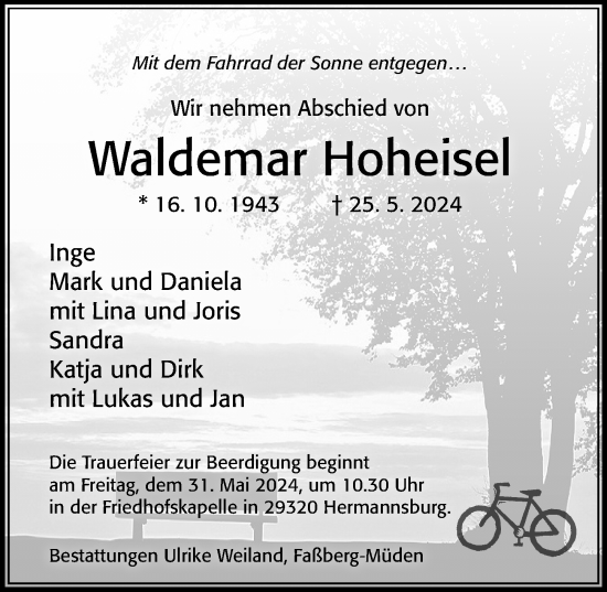 Traueranzeige von Waldemar Hoheisel von Cellesche Zeitung