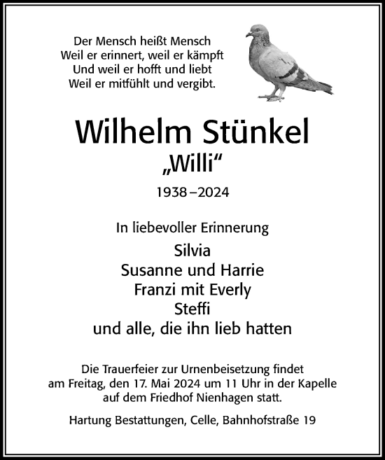 Traueranzeige von Wilhelm Stünkel von Cellesche Zeitung