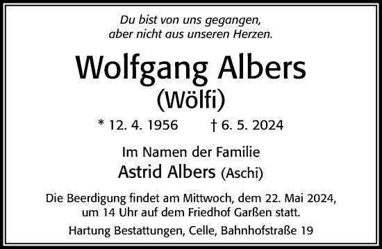 Traueranzeige von Wolfgang Albers von Cellesche Zeitung