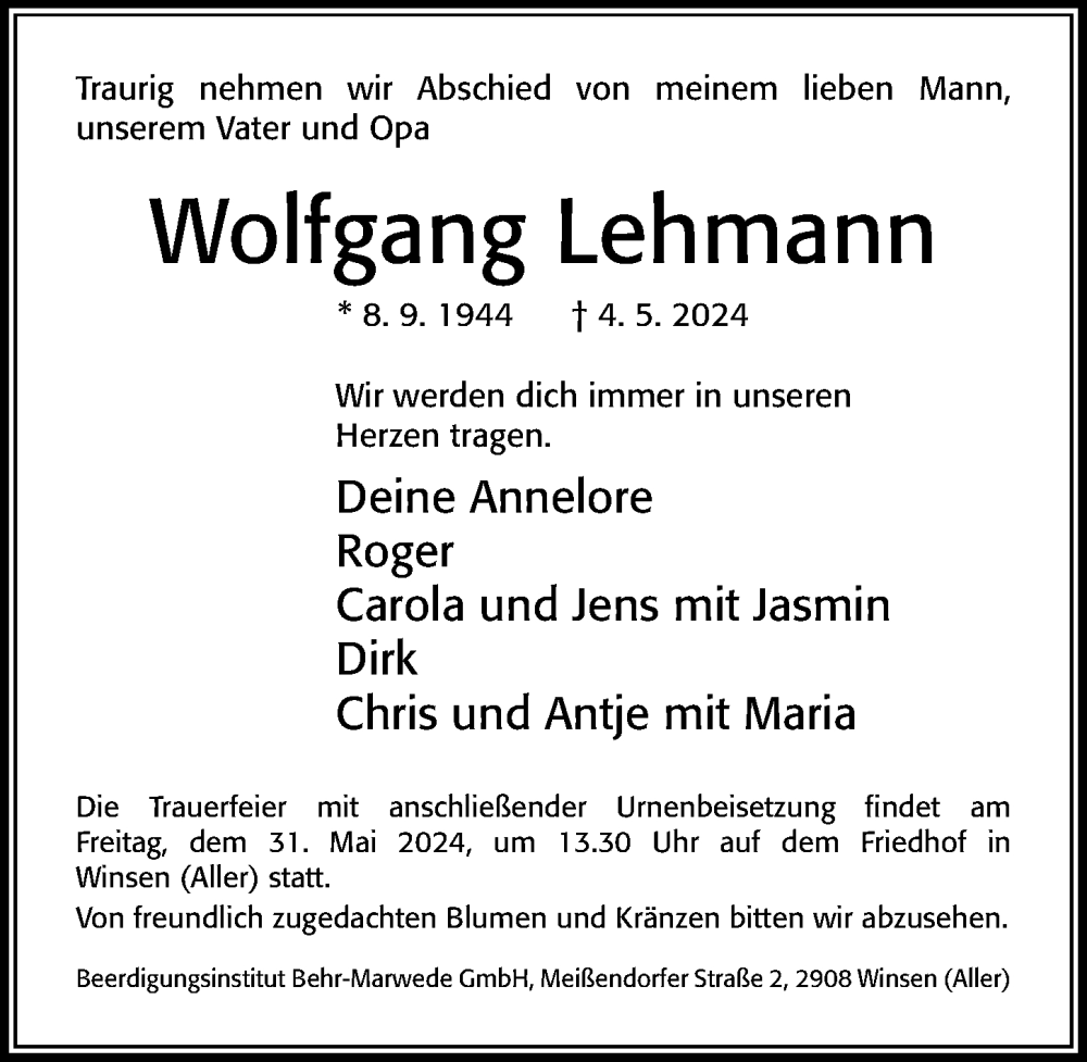  Traueranzeige für Wolfgang Lehmann vom 25.05.2024 aus Cellesche Zeitung