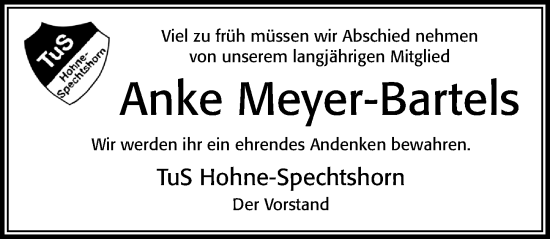 Traueranzeige von Anke Meyer-Bartels von Cellesche Zeitung