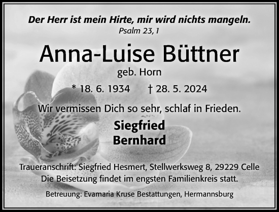 Traueranzeige von Anna-Luise Büttner von Cellesche Zeitung