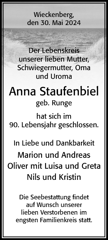 Traueranzeige von Anna Staufenbiel von Cellesche Zeitung