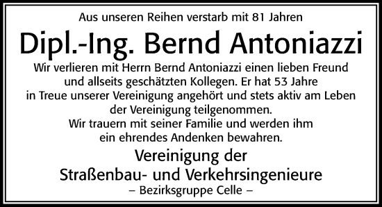 Traueranzeige von Bernd Antoniazzi von Cellesche Zeitung