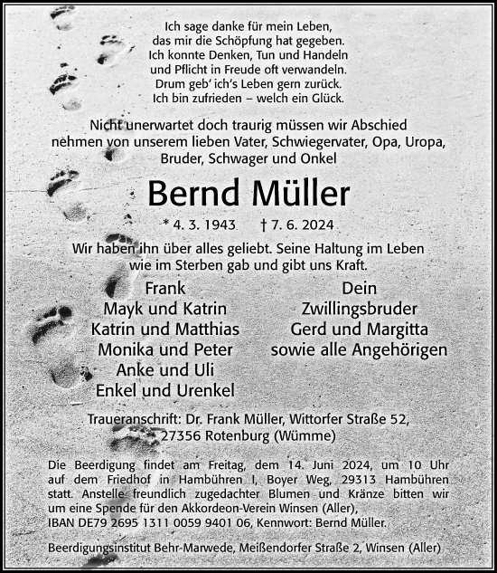 Traueranzeige von Bernd Müller von Cellesche Zeitung