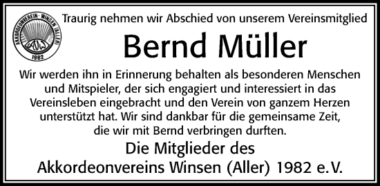 Traueranzeige von Bernd Müller von Cellesche Zeitung