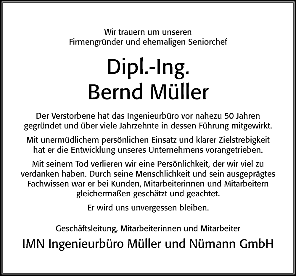  Traueranzeige für Bernd Müller vom 11.06.2024 aus Cellesche Zeitung