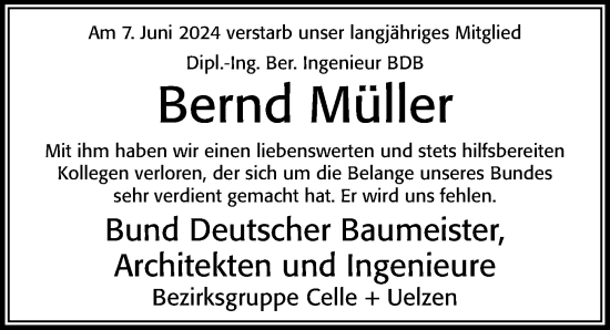 Traueranzeige von Bernd Müller von Cellesche Zeitung