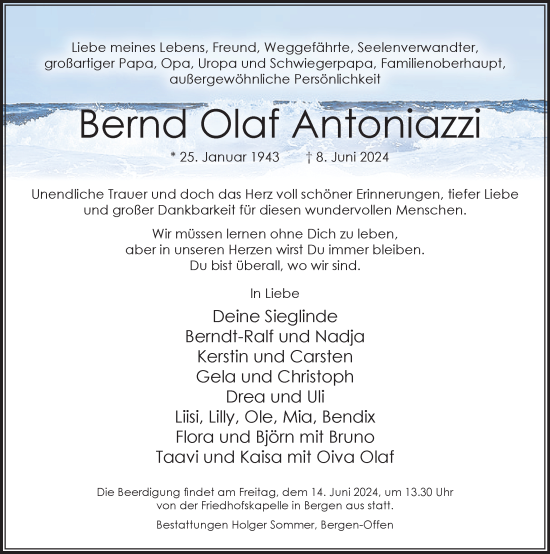 Traueranzeige von Bernd Olaf Antoniazzi von Cellesche Zeitung