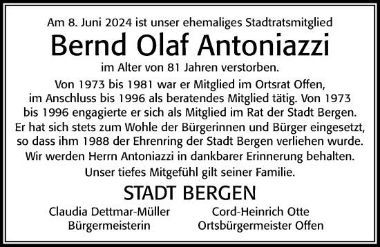 Traueranzeige von Bernd Olaf Antoniazzi von Cellesche Zeitung