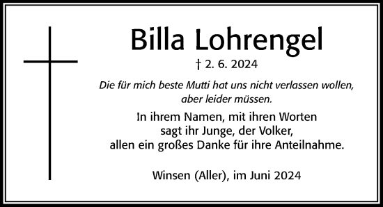 Traueranzeige von Billa Lohrengel von Cellesche Zeitung