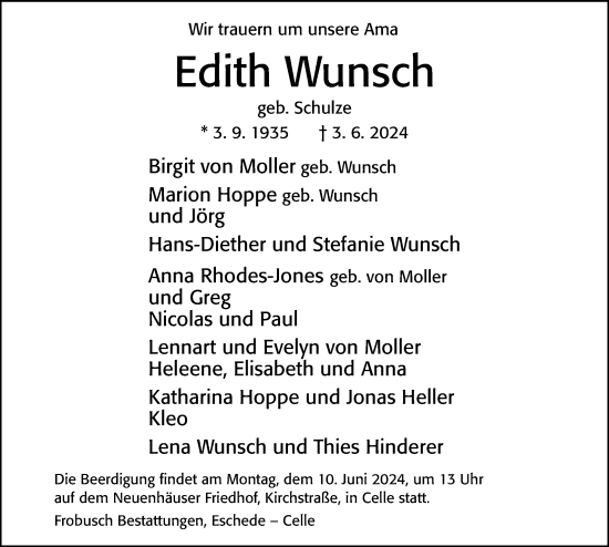 Traueranzeige von Edith Wunsch von Cellesche Zeitung