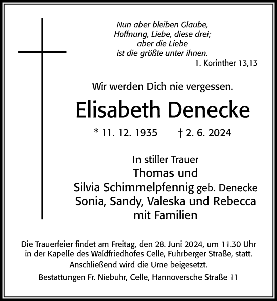 Traueranzeige von Elisabeth Denecke von Cellesche Zeitung