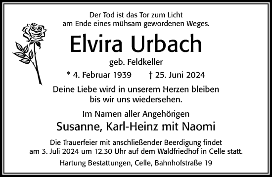 Traueranzeige von Elvira Urbach von Cellesche Zeitung