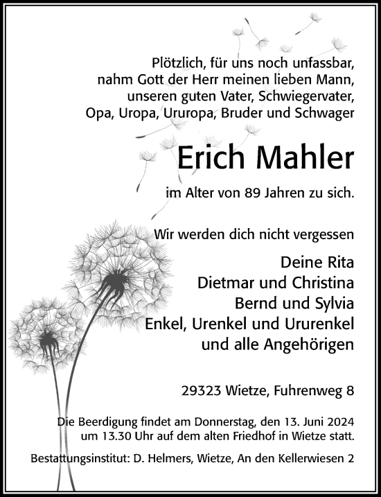 Traueranzeige von Erich Mahler von Cellesche Zeitung