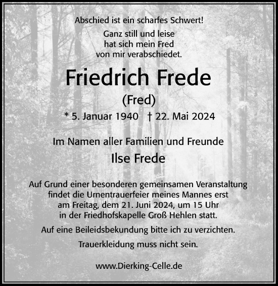 Traueranzeige von Friedrich Frede von Cellesche Zeitung