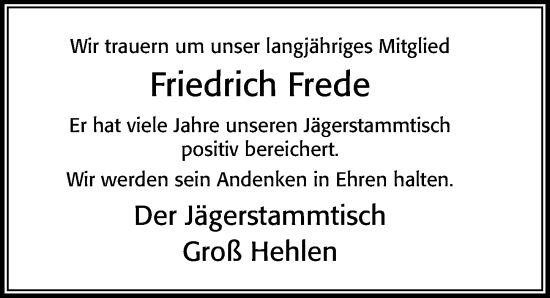 Traueranzeige von Friedrich Frede von Cellesche Zeitung