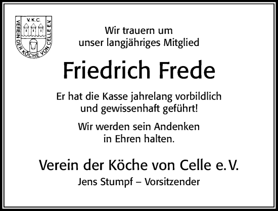 Traueranzeige von Friedrich Frede von Cellesche Zeitung