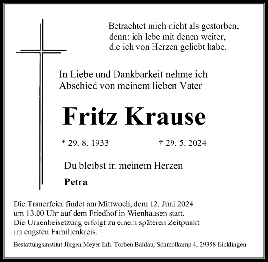 Traueranzeige von Fritz Krause von Cellesche Zeitung