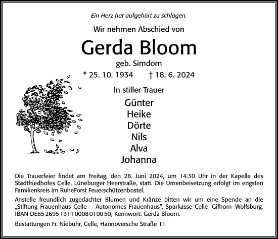 Traueranzeige von Gerda Bloom von Cellesche Zeitung