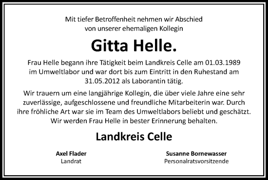 Traueranzeige von Gitta Helle von Cellesche Zeitung
