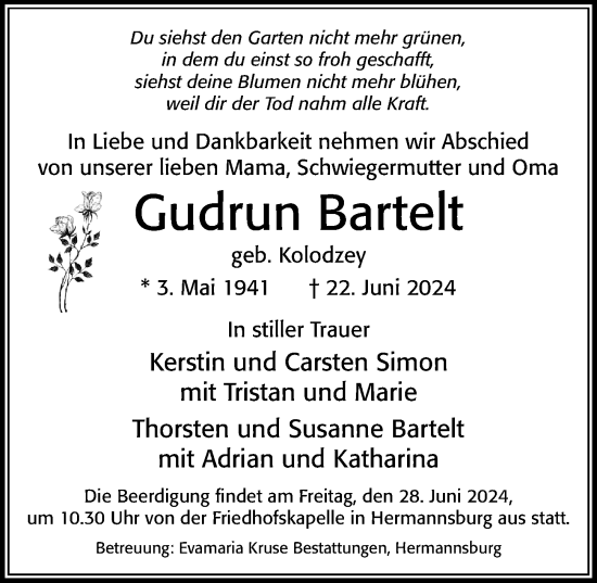 Traueranzeige von Gudrun Bartelt von Cellesche Zeitung