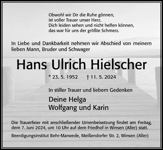 Traueranzeige von Hans Ulrich Hielscher von Cellesche Zeitung