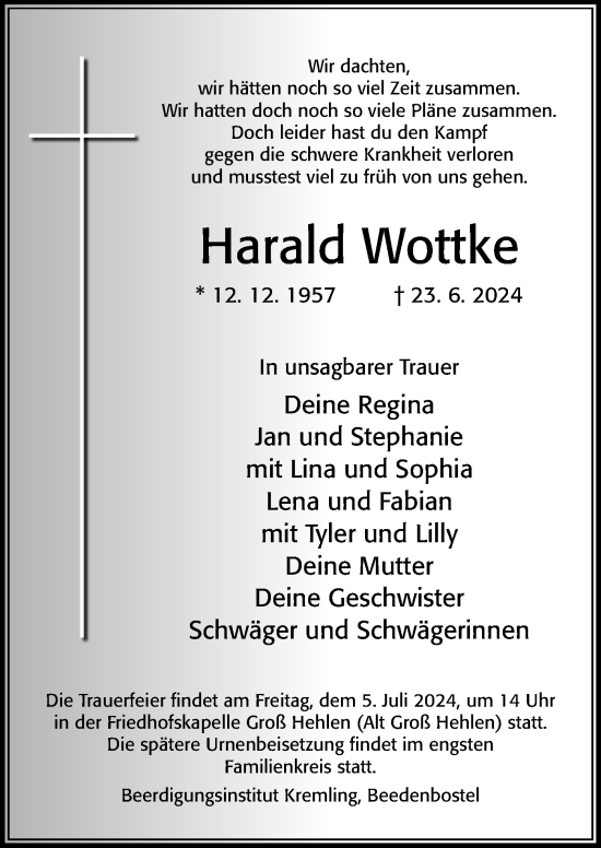 Traueranzeige von Harald Wottke von Cellesche Zeitung