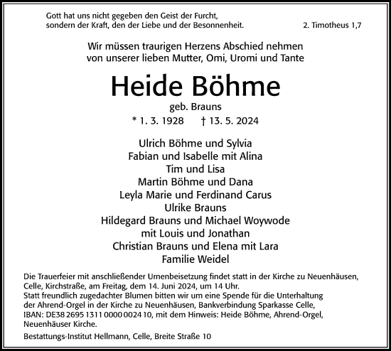 Traueranzeige von Heide Böhme von Cellesche Zeitung