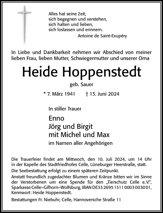 Traueranzeige von Heide Hoppenstedt von Cellesche Zeitung