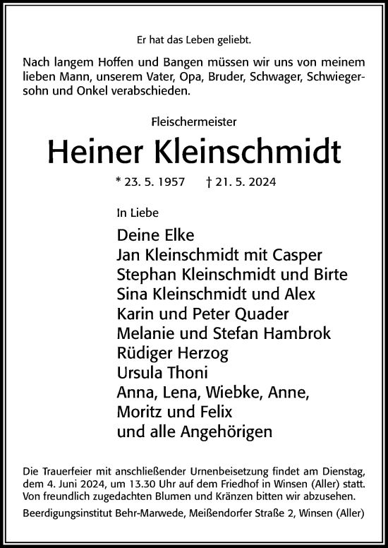 Traueranzeige von Heiner Kleinschmidt von Cellesche Zeitung