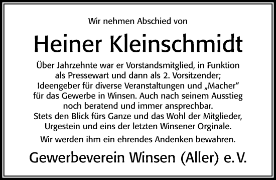 Traueranzeige von Heiner Kleinschmidt von Cellesche Zeitung