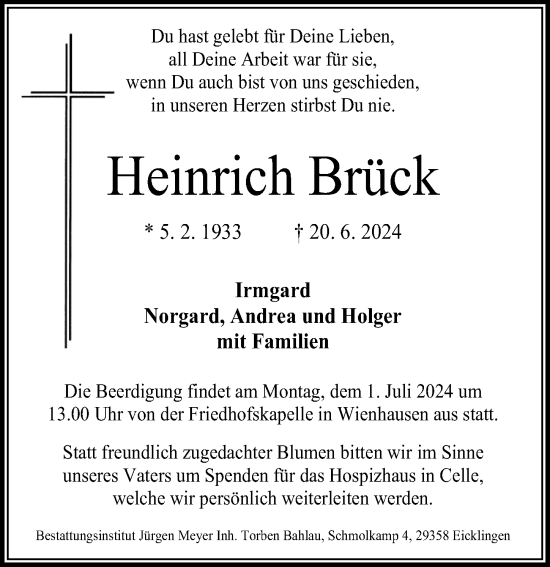 Traueranzeige von Heinrich Brück von Cellesche Zeitung