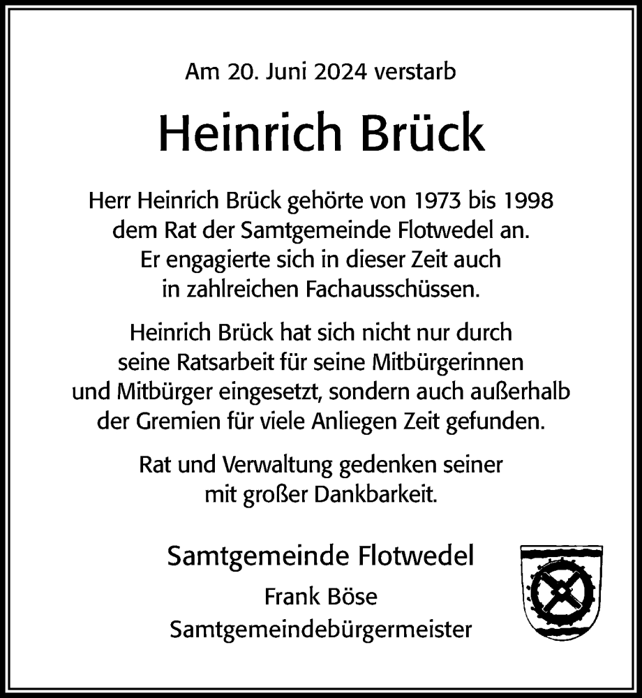  Traueranzeige für Heinrich Brück vom 29.06.2024 aus Cellesche Zeitung