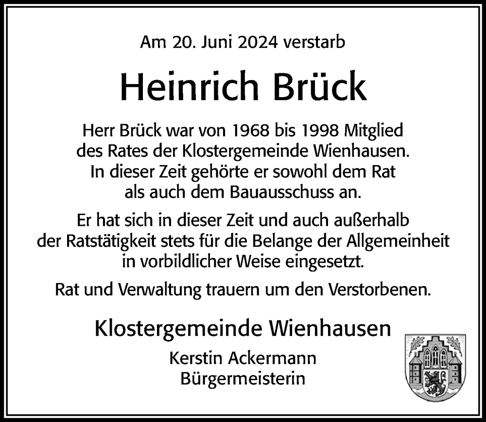  Traueranzeige für Heinrich Brück vom 29.06.2024 aus Cellesche Zeitung