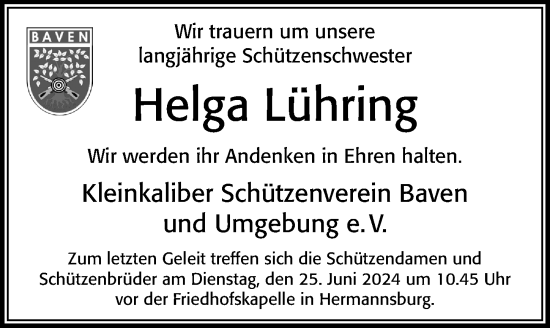Traueranzeige von Helga Lühring von Cellesche Zeitung