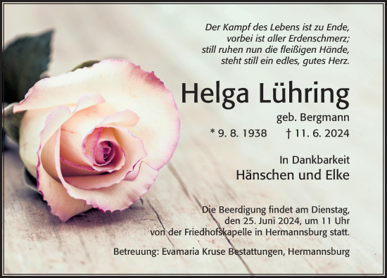 Traueranzeige von Helga Lühring von Cellesche Zeitung