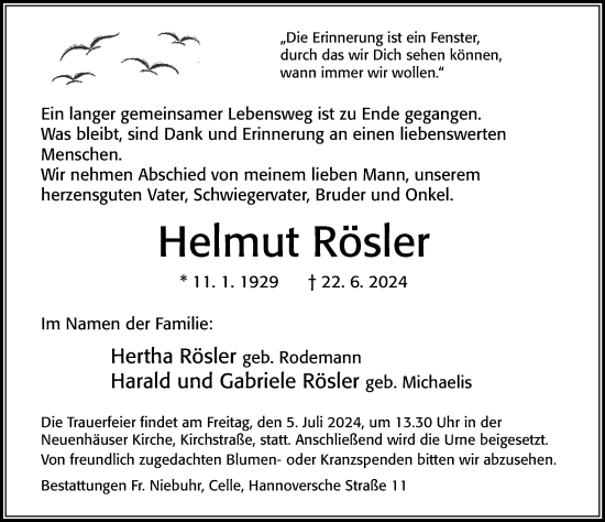 Traueranzeige von Helmut Rösler von Cellesche Zeitung